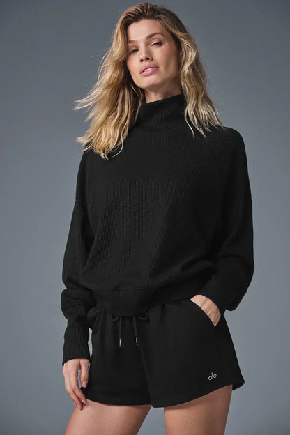 Waffle Weekend Escape Mock Neck Long Sleeve - Zwart